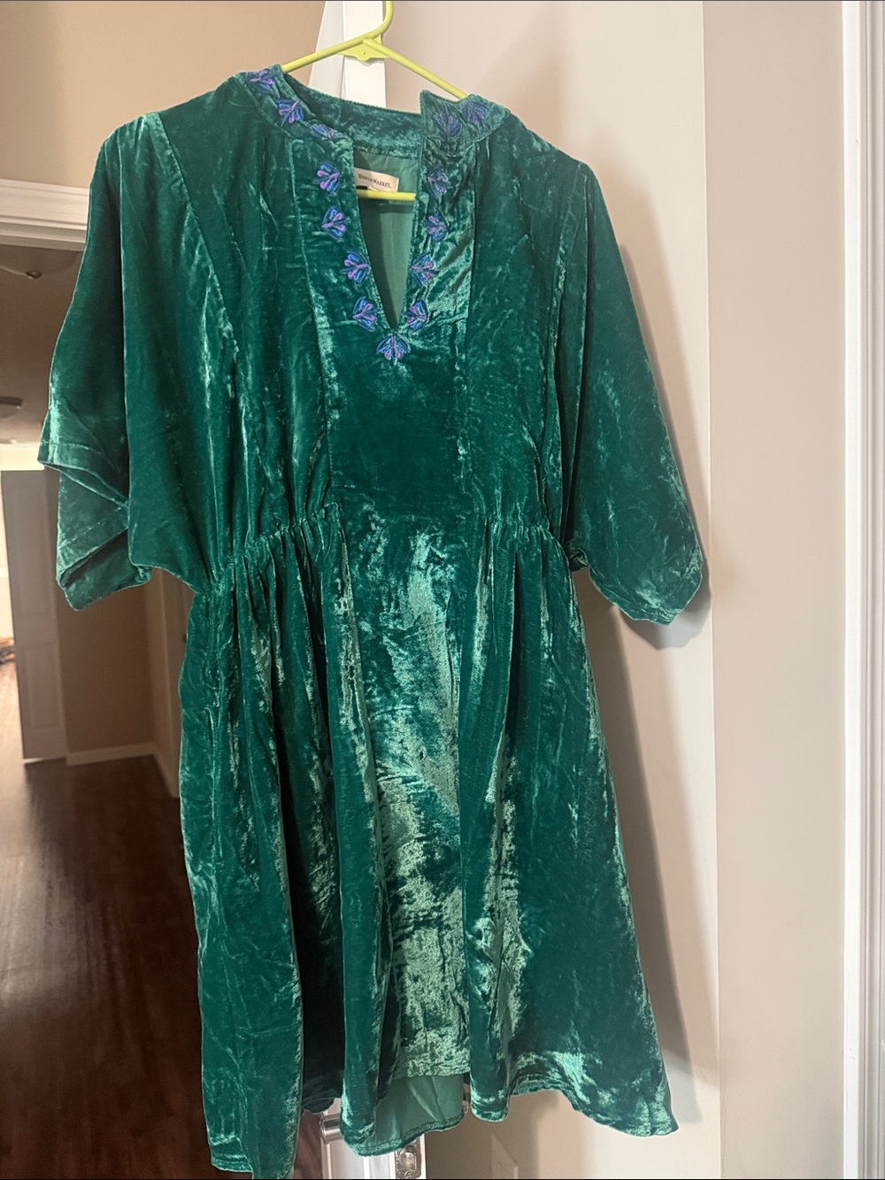 World Market Green Velvet Dress with Purple Floral Trim